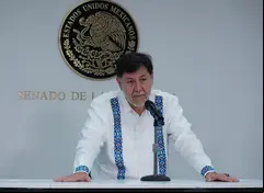 El presidente del Senado mexicano da una conferencia de prensa frente al escudo nacional y el logotipo del Senado, abordando temas relacionados con su viaje oficial a Europa y aclarando el uso de recursos públicos conforme a las normativas legislativas vigentes.