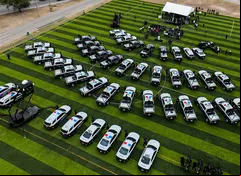 Patrullas de última generación estacionadas en un campo de Escobedo, Nuevo León