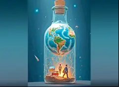 Ilustración del planeta calentándose dentro de una botella.