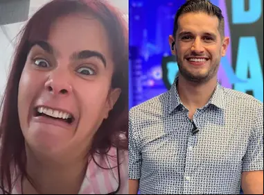 Gala Montes haciendo gestos y Adrián Marcelo sonriendo