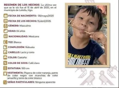 Dorian Kaleb, niño de 4 años de edad, desaparecido en la sierra de Hidalgo