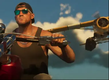 Personaje de GTA 6 en moto con avión