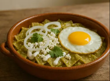Plato tradicional de chilaquiles verdes servido en una cazuela de barro, acompañado de huevo estrellado, crema, queso fresco, cebolla en rodajas y hojas de cilantro, sobre mesa de madera rústica