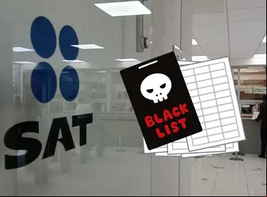 Ilustración de lista negra en oficinas del SAT, relacionada con contribuyentes señalados por facturas falsas o RFC cancelado.