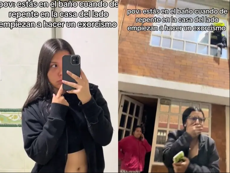 Joven en baño grabando y policías y vecinos en exorcismo
