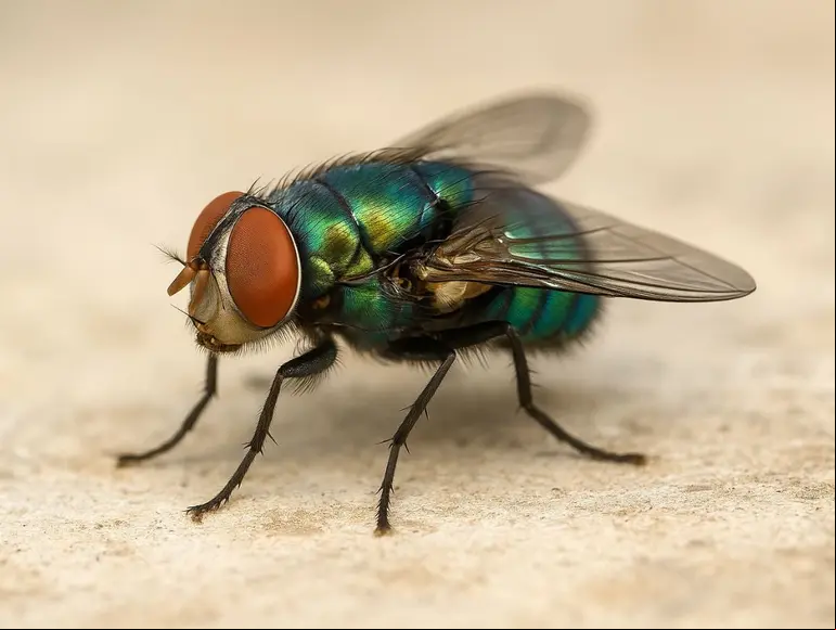 La mosca de gusano barrenador tiene colores verdes y azules