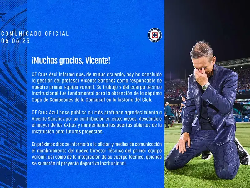 Vicente Sánchez es uno de los tres Directores Técnicos que logró consagrarse campeón de Concachampions con Cruz Azul.