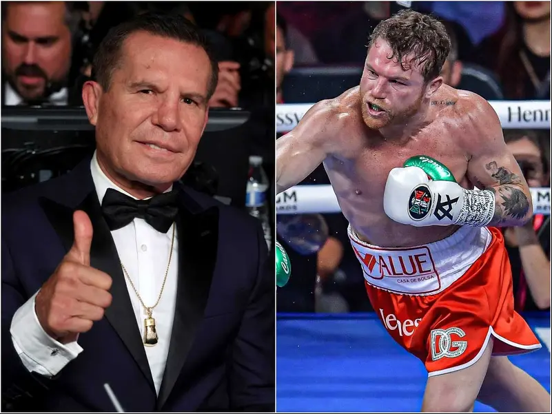 Julio César Chávez de traje y 'Canelo' lanzando un golpe.